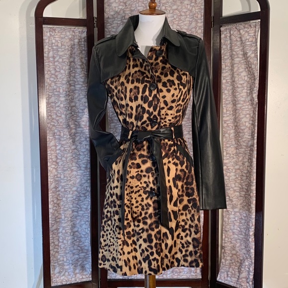 Fate Jackets & Blazers - Fate black leather and leopard print trench coat.
